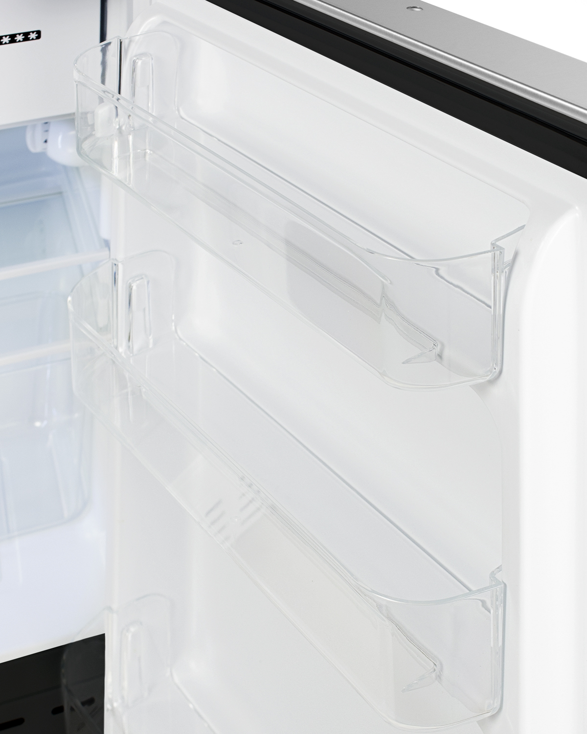 Built-in undercounter ADA compliant refrigerator-freezer with SS cabinet and door with a vertical handle for residential use, manual defrost with glass shelves, front lock, and door storage